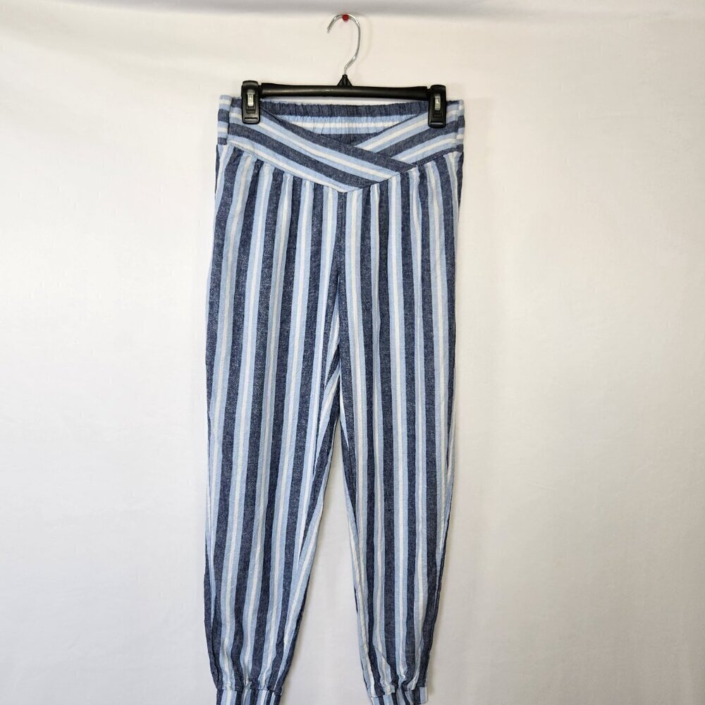Indigo Rein Women’s SZ M Blue Stripe Linen Blend Pull On V-Waist Joggers Beach - Picture 16 of 16